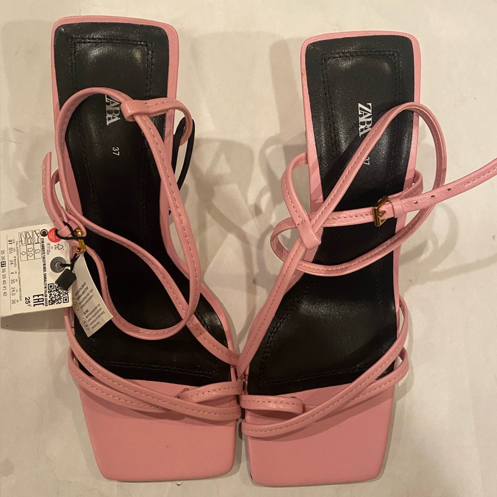 Zara pink STRAPPY HEELED LEATHER SANDALS size 6.5M NWT
